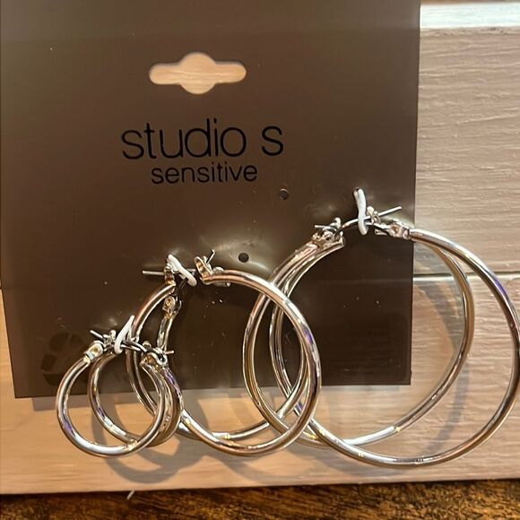 Three Pair Silver Hoop Earrings - Picture 1 of 4